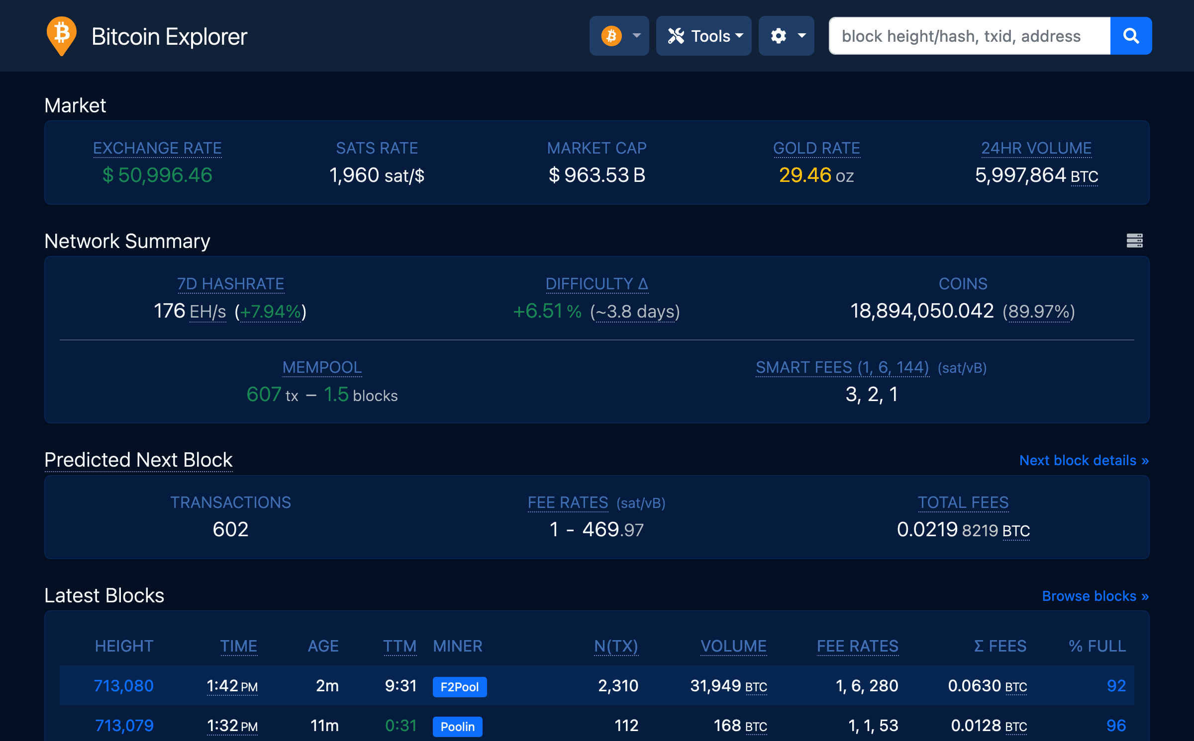 Pantalla d'inici de BTC RPC Explorer amb tema fosc
