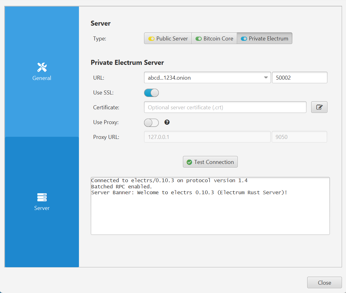 Sparrow connect to Electrum via Tor